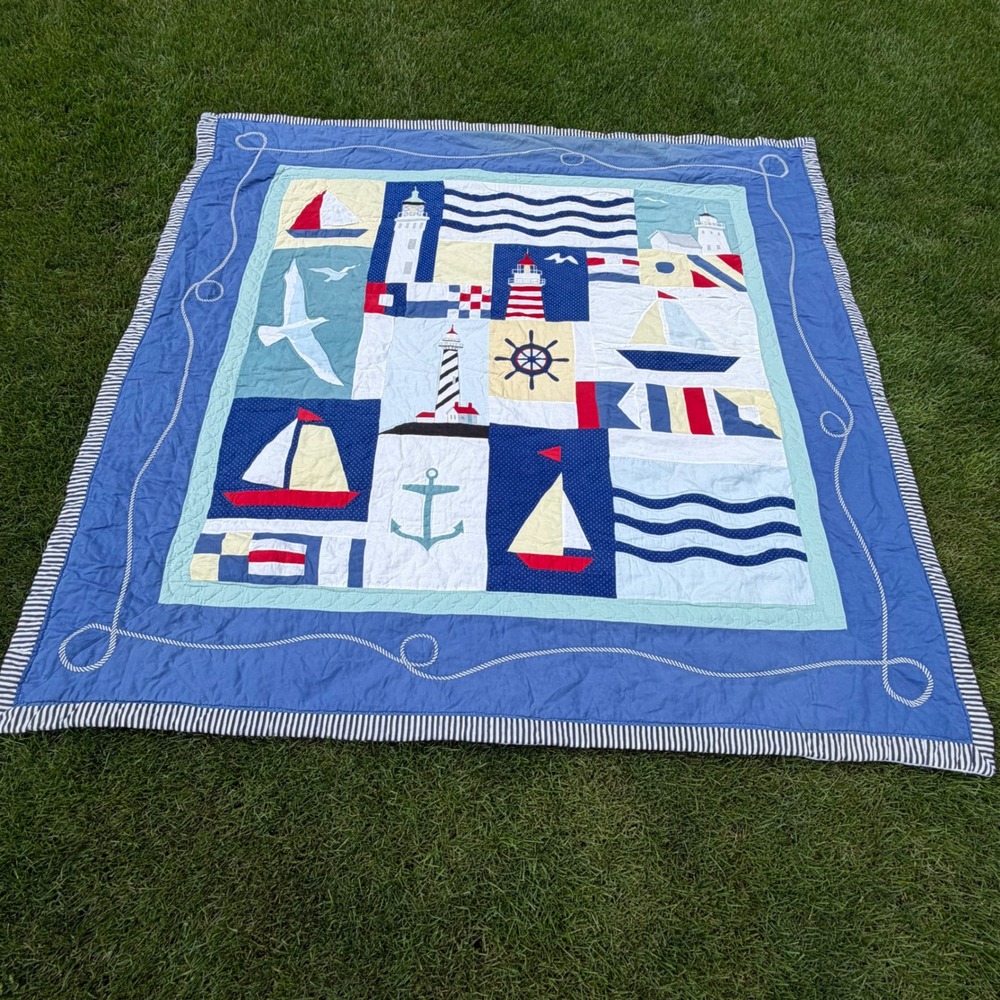 B+ Nautical Patchwork Quilt Sailboat Lighthouse Anchor Blue Striped Border 83x83